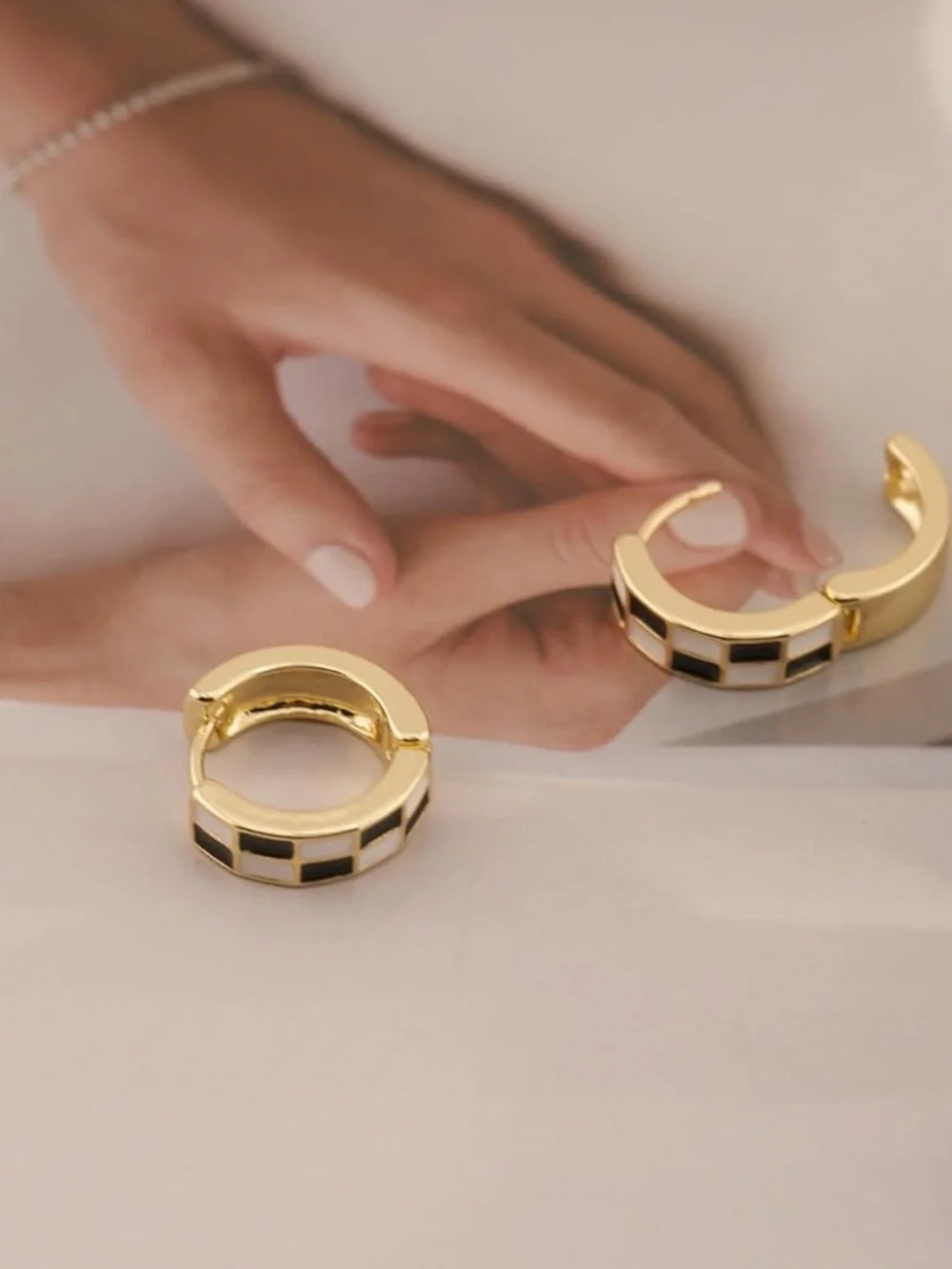 Anthropologie Gold Hoop Earrings with Black and White Check Inlay